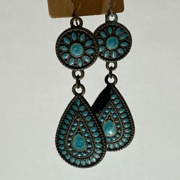Turquoise Enamel Dangle Drop Earrings Coral Blue Bronze Tone Tear Drop 2 1/4” - Picture 5 of 10